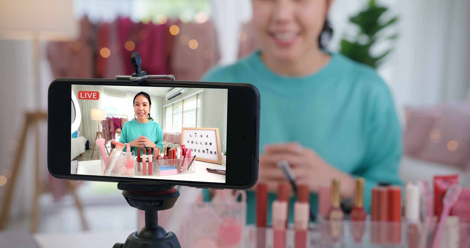 Asia woman micro influencer record live viral video camera at home studio.  Happy fun talk speak advice review hobby in media. Vlogger selfie shoot  enjoy work show smile teach like share app. -